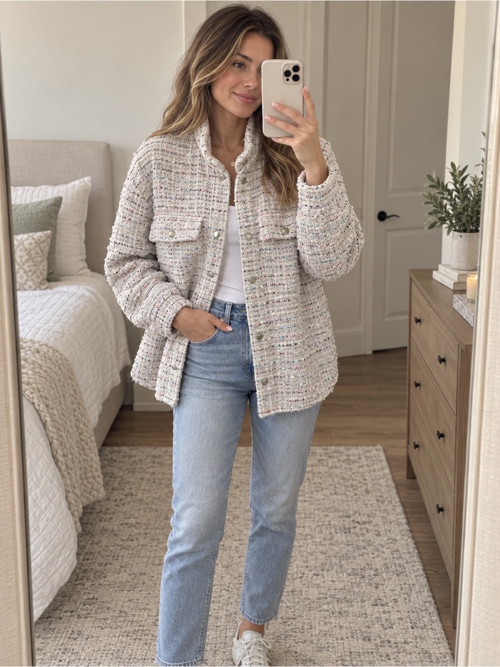 Olivaceous cream pastel multi & metallic silver tweed button-up shacket medium